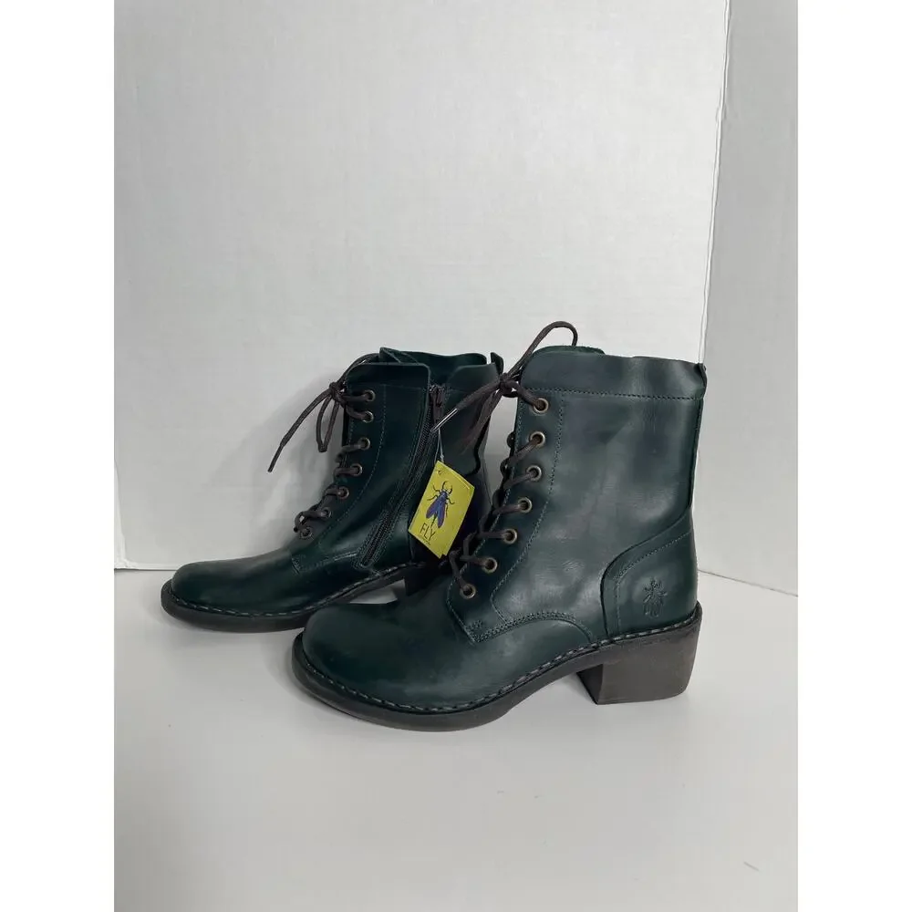 NEW NWOB Fly London Women's MILU Side-Zip Lace-up Ankle Boot Green Sizde 37
